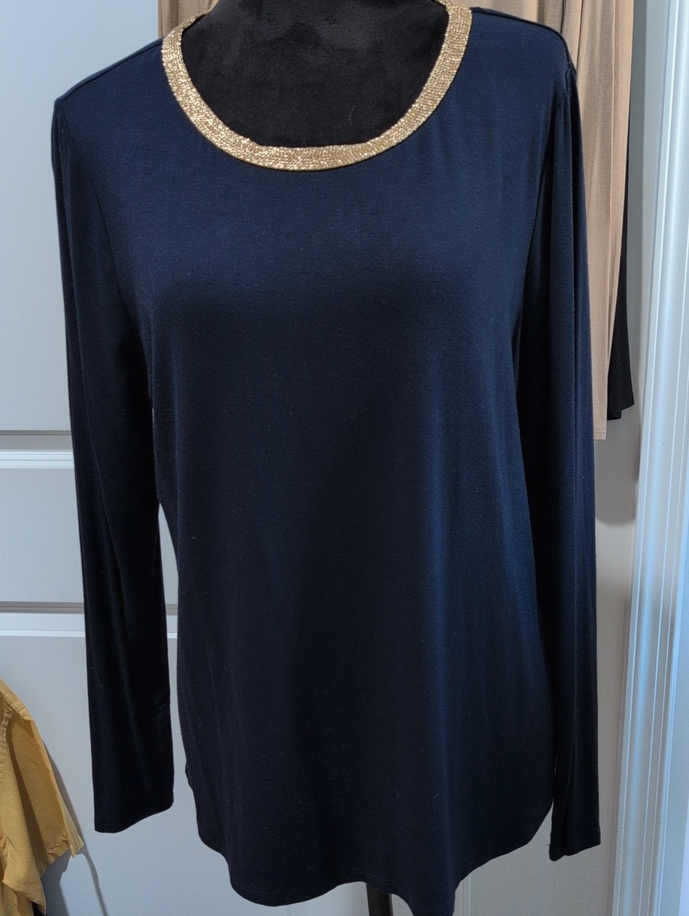Chicos Long-Sleeve Navy Top with Gold Trim